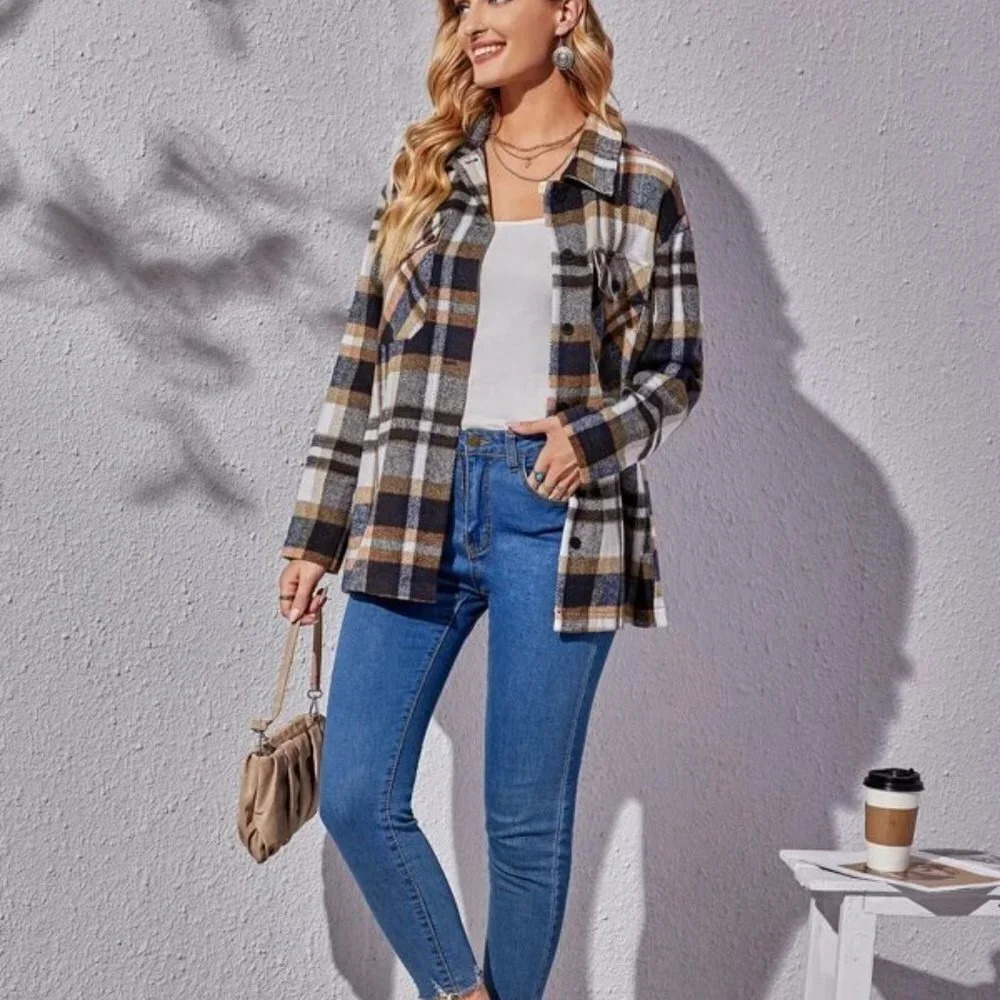 BTFBM Boutique NEW Plaid Flap Pocket Drop Shoulder Open Front Shacket Size S - Picture 3 of 10